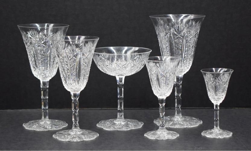 Rare Baccarat Conde Cut Glass 6 Piece Place Setting - Signed: Measurements: Water 6 3/4" high. Large wine 6 1/4" high. Wine 5 11/16" high. Champagne 4 5/8" high. Port 4 1/2" high. Cordial 3 3/4" high.. Condition: Used,Brand: Baccarat,Type: Various,Color: