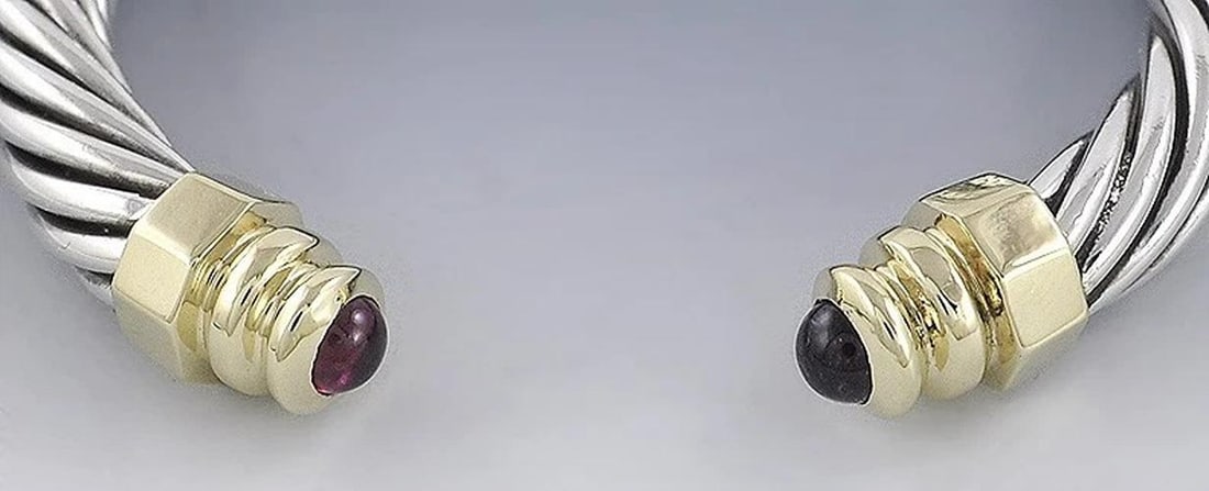 Sterling Silver 14k Gold Pink Tourmaline Cable Twist Torc Bangle Bracelet - 2