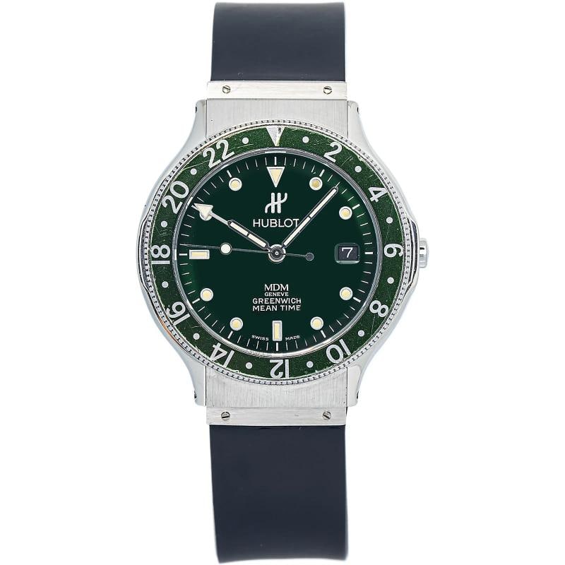 Hublot 1572 Classic MDM GREENWICH MEAN TIME Green Dial Watch 36mm: Case Size 36 mm Wrist Fit 7.5 inches Box No Papers No Condition Ã¢â‚¬â€ Used - Good Full Specifications Brand Hublot Customized No Gender Men Band Material B