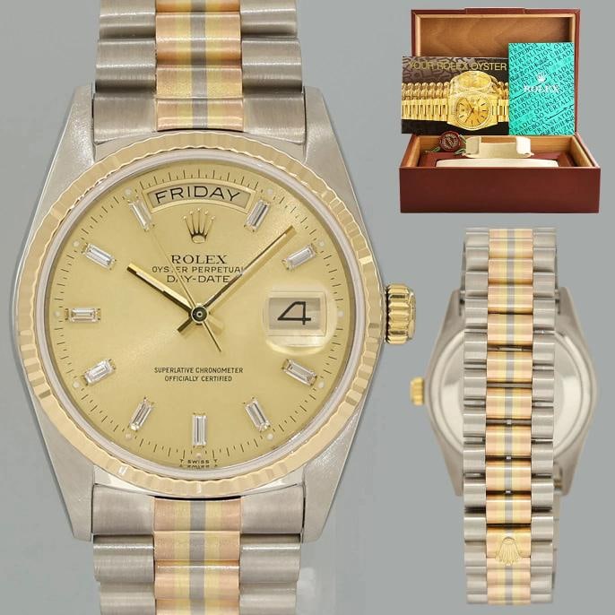 MINT Rolex President Day Date 18129 Champagne Diamond Quick Set Tridor Watch Box: Case & Dial Case Material: Rolex Tridor Gold Yellow, Rose & White Gold Case Size: 36mm Bezel: Rolex Yellow Gold Fluted Bezel Crystal: Rolex Sapphire Dial: Rolex Champagne Diamond Movement & Bracelet