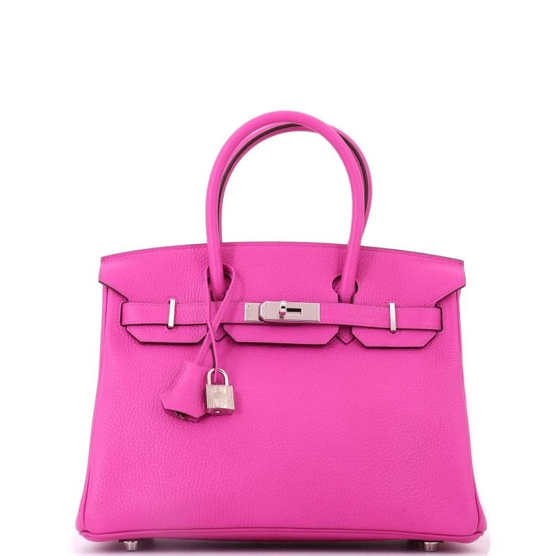 Hermes Birkin Handbag Pink Clemence with Palladium Hardware 30: Accessories: Clochette, Keys, Box, Lock, Dust Bag Measurements: Handle Drop 4.5", Height 9", Width 11.5", Depth 6", Strap Drop None". Condition: Pre-owned - Excellent,Brand: Hermes,Exterior Material: 