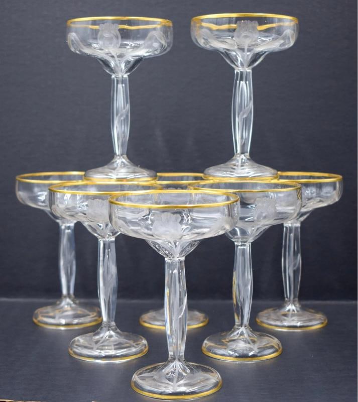 8 Moser Hand Blown & Engraved Saucer Champagne Coupes, Tulips: Measures 5 1/2" high by 3 5/8" wide. . Condition: Used,Brand: Moser,Type: Champagne Glass,Color: Clear