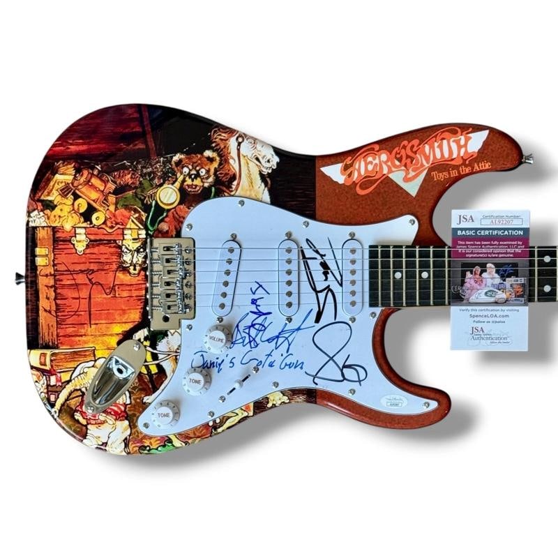 AEROSMITH: Steven Tyler, Joe Perry, Brad Whitford, Tom Hamilton & Joey Kramer Signed Guitar (JSA): Industry: Music,Signed: Yes,Autograph Authentication: James Spence (JSA),Object Type: Guitar & Guitar Pick,Original/Reproduction: Original,Country of Origin: United States