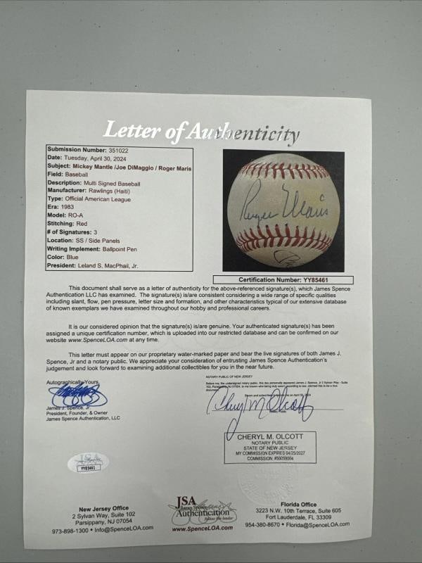 Roger Maris Mickey Mantle & Joe Dimaggio Signed American League Baseball JSA COA - 5