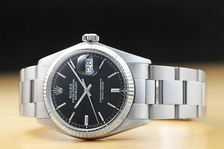 ROLEX MENS DATEJUST 1601 18K WHITE GOLD BEZEL STEEL BLACK DIAL OYSTER BAND WATCH - 2