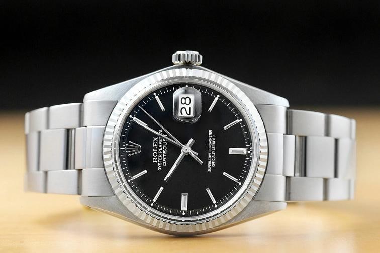 ROLEX MENS DATEJUST 1601 18K WHITE GOLD BEZEL STEEL BLACK DIAL OYSTER BAND WATCH - 3