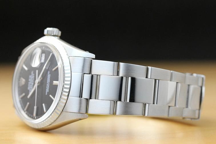 ROLEX MENS DATEJUST 1601 18K WHITE GOLD BEZEL STEEL BLACK DIAL OYSTER BAND WATCH - 4