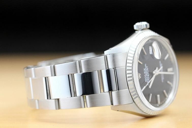 ROLEX MENS DATEJUST 1601 18K WHITE GOLD BEZEL STEEL BLACK DIAL OYSTER BAND WATCH - 6