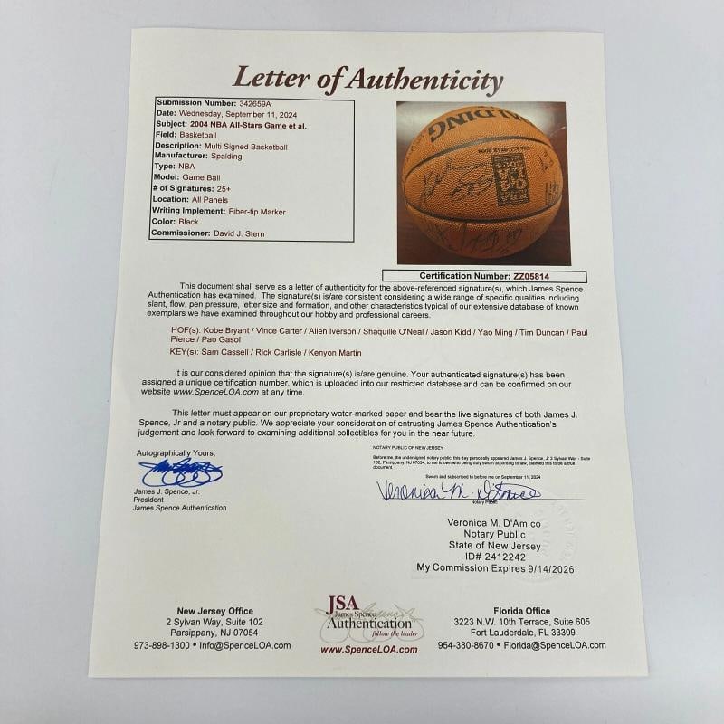 Kobe Bryant Shaq Tim Duncan 2004 All Star Game Team Signed Basketball JSA COA - 2