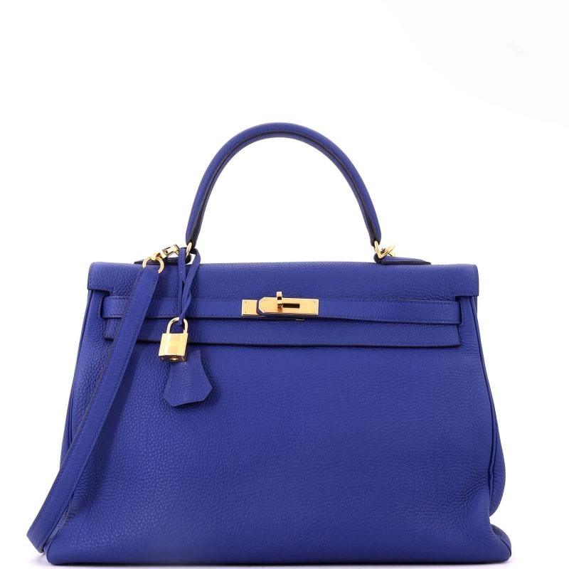 Hermes Kelly Handbag Blue Togo with Gold Hardware 35: Condition: Pre-owned - Good,Brand: Hermes,Exterior Material: Leather,Style: Top Handle,Exterior Color: Blue,Department: Women,Size: 35,Accessories: Dust Bag, Clochette, Keys, Lock, With Strap