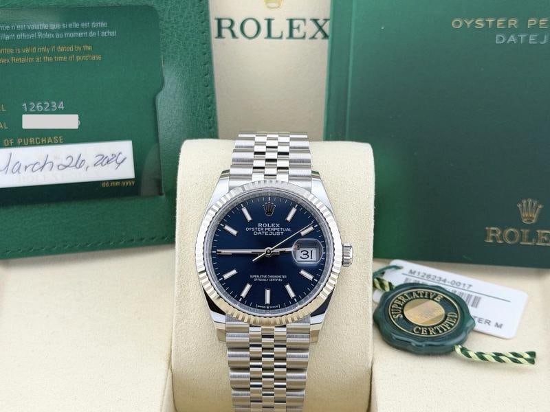 2026 Brand New Rolex Datejust 36 126234 36mm Blue Dial 18k Gold Steel Box Papers: Style Number: 126234 Year: 2026 Model: Rolex Datejust 36 Case Material: Stainless Steel Band: Stainless Steel Jubilee Bezel: 18k White Gold Fluted Dial: Blue Dial Crystal: Sapphire Case Size: 36mm Inc