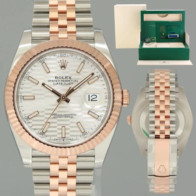 2023 PAPERS NEW Rolex DateJust 41 126331 Motif Rose Gold Two-Tone Jubilee Watch: Case & Dial Case Material: Rolex Two-Tone Rose Gold Case Size: 41mm Bezel: Rolex Rose Gold Fluted Crystal: Rolex Sapphire Dial: Rolex Silver Stick Motif Movement & Bracelet Movement: Rolex Automatic B