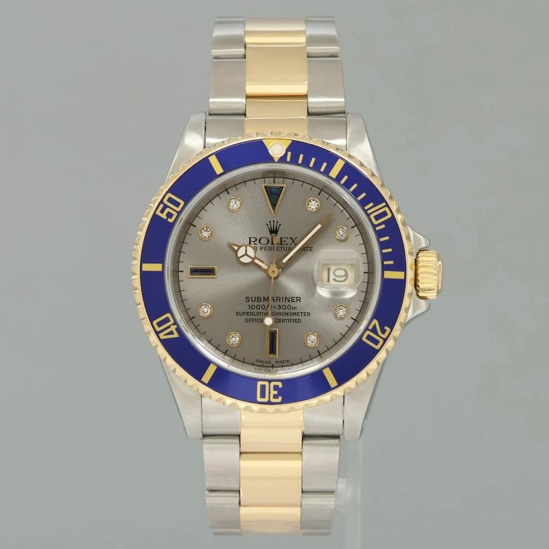 MINT Rolex Submariner 16613 Two Tone Yellow Gold Blue Serti Diamond 40mm Watch - 2