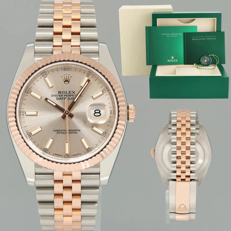 MINT Rolex DateJust 41 126331 Sundust Rose Gold Two-Tone Jubilee Watch Box: Case & Dial Case Material: Rolex Two-Tone Rose Gold Case Size: 41mm Bezel: Rolex Rose Gold Fluted Crystal: Rolex Sapphire Dial: Rolex Sundust Stick with Date Function Movement & Bracelet Movement: