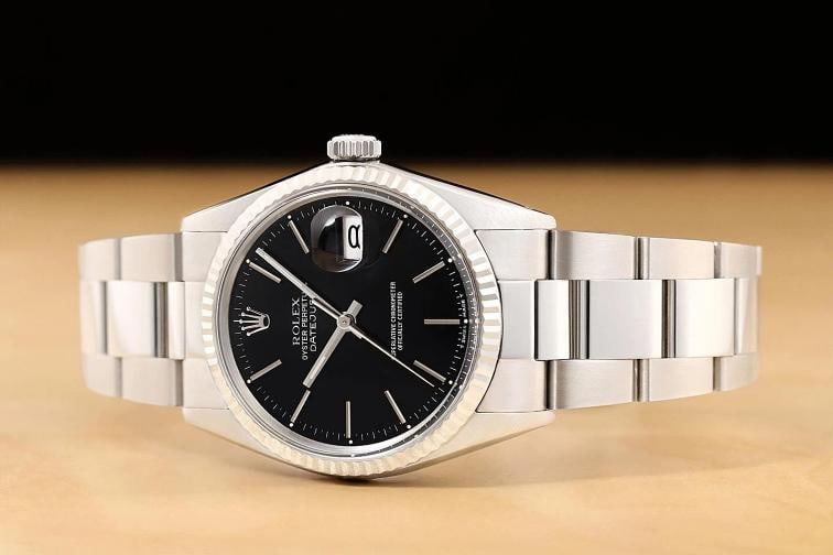 ROLEX MENS DATEJUST 16014 BLACK DIAL 18K WHITE GOLD STEEL WATCH w/ OYSTER BAND - 2
