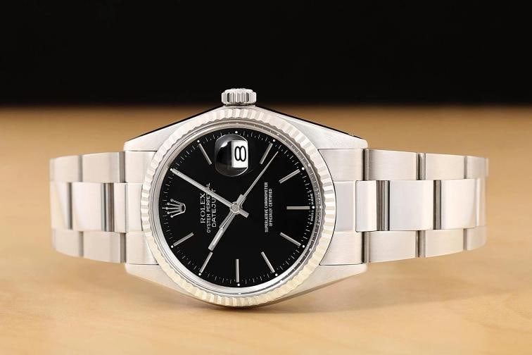 ROLEX MENS DATEJUST 16014 BLACK DIAL 18K WHITE GOLD STEEL WATCH w/ OYSTER BAND - 3