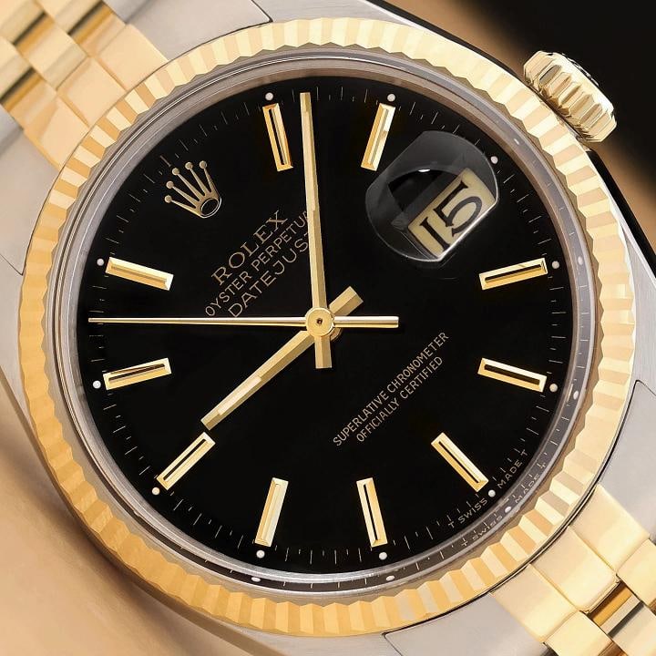 ROLEX MENS DATEJUST 16013 BLACK DIAL 18K YELLOW GOLD STAINLESS STEEL WATCH: This is an authentic Rolex Datejust 16013 watch with Rolex 18K yellow gold and stainless steel jubilee bracelet, Rolex stick dial Ref., and Rolex 18K yellow gold fluted bezel. Descriptions: Brand: Rol