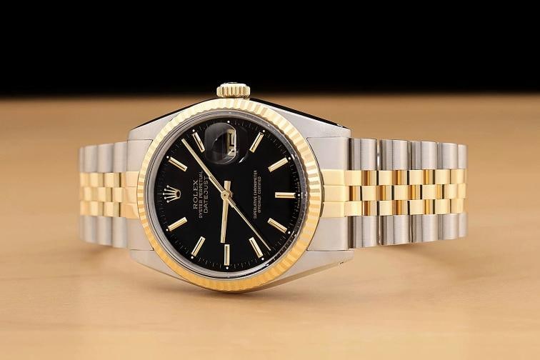ROLEX MENS DATEJUST 16013 BLACK DIAL 18K YELLOW GOLD STAINLESS STEEL WATCH - 2