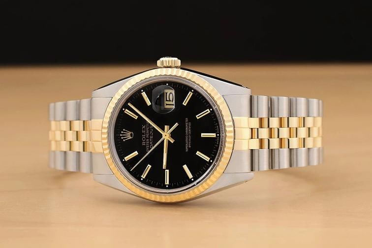 ROLEX MENS DATEJUST 16013 BLACK DIAL 18K YELLOW GOLD STAINLESS STEEL WATCH - 3