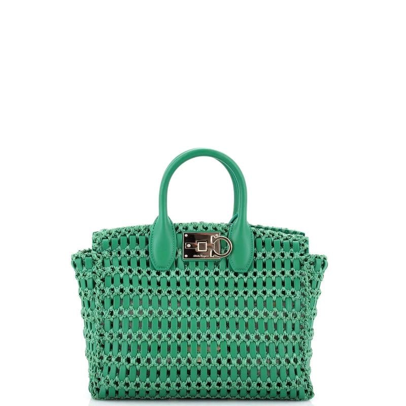 Salvatore Ferragamo Studio Box Satchel Woven Leather with Raffia Medium: Condition: Pre-owned - Excellent,Brand: Salvatore Ferragamo,Exterior Material: Leather, Raffia,Style: Top Handle,Exterior Color: Green,Department: Women,Size: Medium,Accessories: Dust Bag