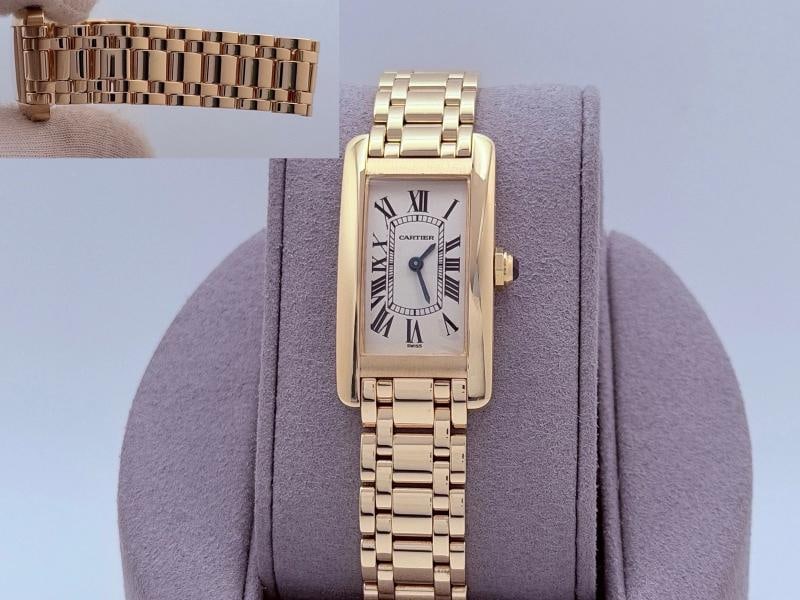 Cartier Tank Americaine 1710 W26015K2 19mm x 35mm Silver Dial 18k Yellow Gold: Style Number: 1710 Year: 2000's Model: Cartier Tank Americaine Case Material: 18k Yellow Gold Band: 18k Yellow Gold Bezel: 18k Yellow Gold Dial: Silver Crystal: Sapphire Case Size: 19mm x 35mm Include
