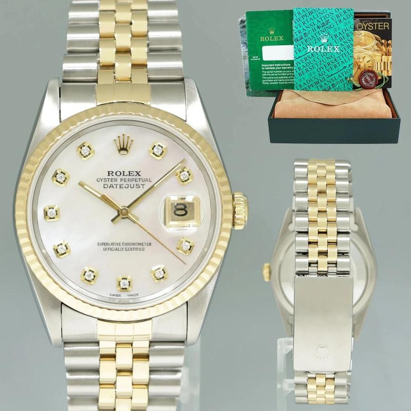 DIAMOND Pearl Rolex DateJust 16013 Two-Tone Yellow Gold 36mm Jubilee Watch Box: Case & Dial Case Material: Rolex Stainless Steel Case Size: 36mm Bezel: Rolex Yellow Gold Fluted Crystal: Rolex Sapphire Dial: Custom Mother of Pearl Diamond Movement & Bracelet Movement: Rolex Automa