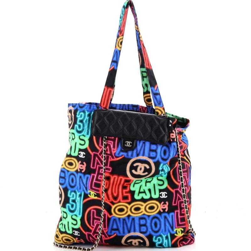 Chanel Foldable Tote Bag with Chain Quilted Caviar with Printed Nylon - 2