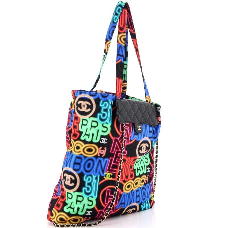Chanel Foldable Tote Bag with Chain Quilted Caviar with Printed Nylon - 3