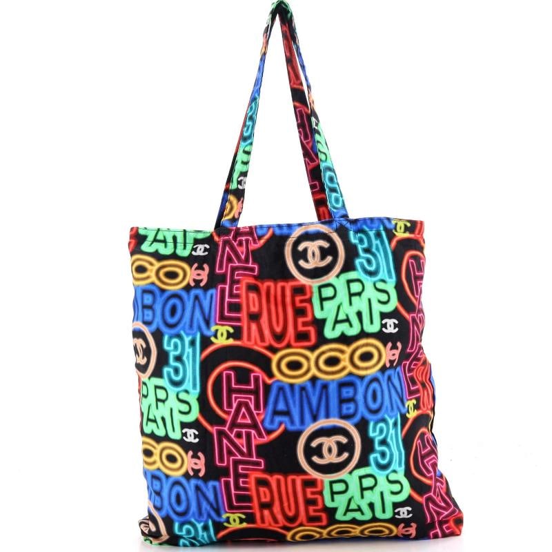 Chanel Foldable Tote Bag with Chain Quilted Caviar with Printed Nylon - 4