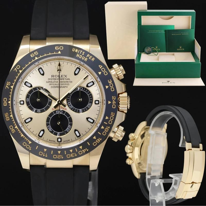 2021 MINT Rolex Daytona 116518LN Yellow Gold Pikachu Ceramic Watch Box: Case & Dial Case Material: Rolex Yellow Gold Case Size: 40mm Bezel: Rolex Black Ceramic Bezel Crystal: Rolex Sapphire Dial: Rolex Champagne Yellow 'Pikachu' Movement & Bracelet Movement: Rolex Automat