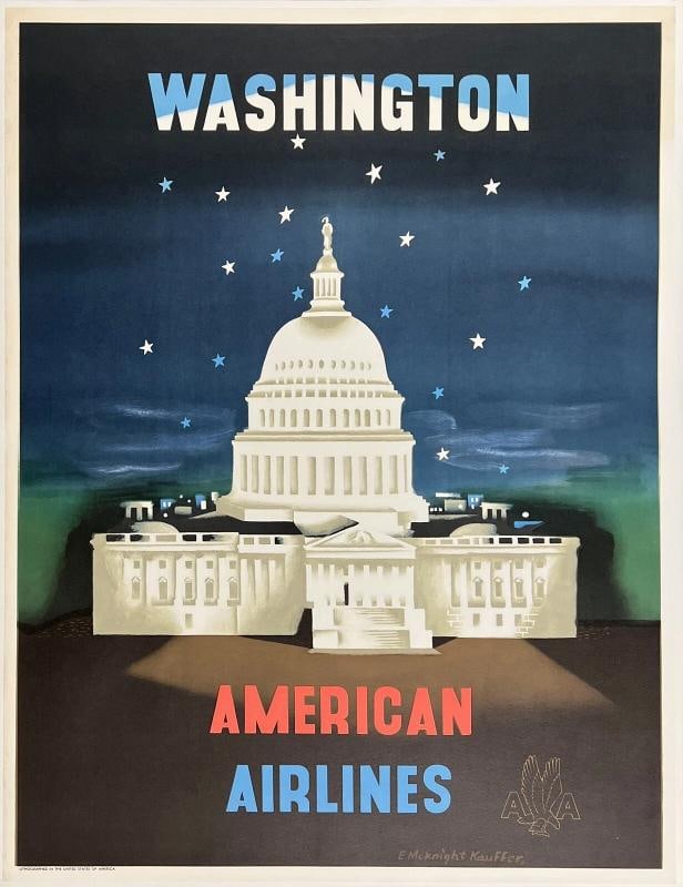Original Vintage Poster WASHINGTON AMERICAN AIRLINES Airline Travel KAUFFER OL: Condition: Used,Country of Origin: United States,Type: Poster,Airline: American,Modified Item: No Condition: Very Good * (linen backed; there are areas of minor edge and corner wear, small tears,