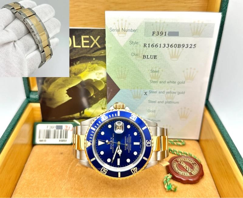 2005 Rolex Submariner Blue 16613 40mm 18k Yellow Gold Stainless Steel Box Papers: Condition: Pre-owned - Excellent,Bezel Color: Blue,Year Manufactured: 2000-2009,Band/Strap: Rolex Oyster,Case Color: Silver,Department: Men,Watch Shape: Round,Style: Casual, Classic, Dress/Formal, Lux