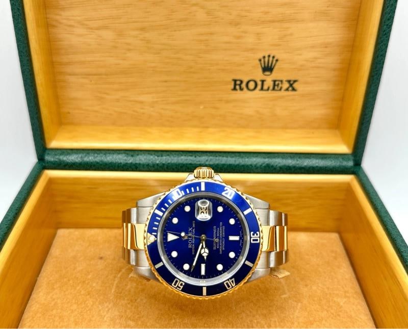 2005 Rolex Submariner Blue 16613 40mm 18k Yellow Gold Stainless Steel Box Papers - 3