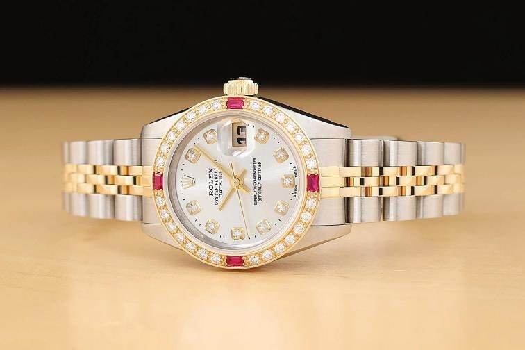 ROLEX LADIES DATEJUST 69173 SILVER DIAMOND RUBY 18K YELLOW GOLD STEEL WATCH - 2