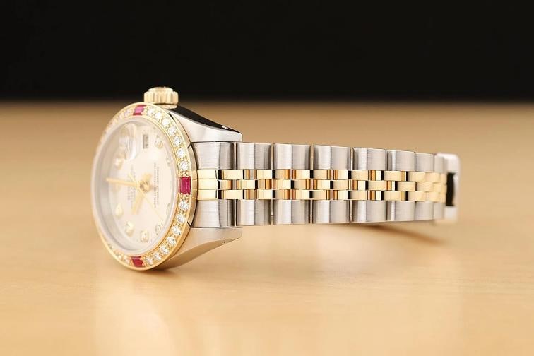ROLEX LADIES DATEJUST 69173 SILVER DIAMOND RUBY 18K YELLOW GOLD STEEL WATCH - 4