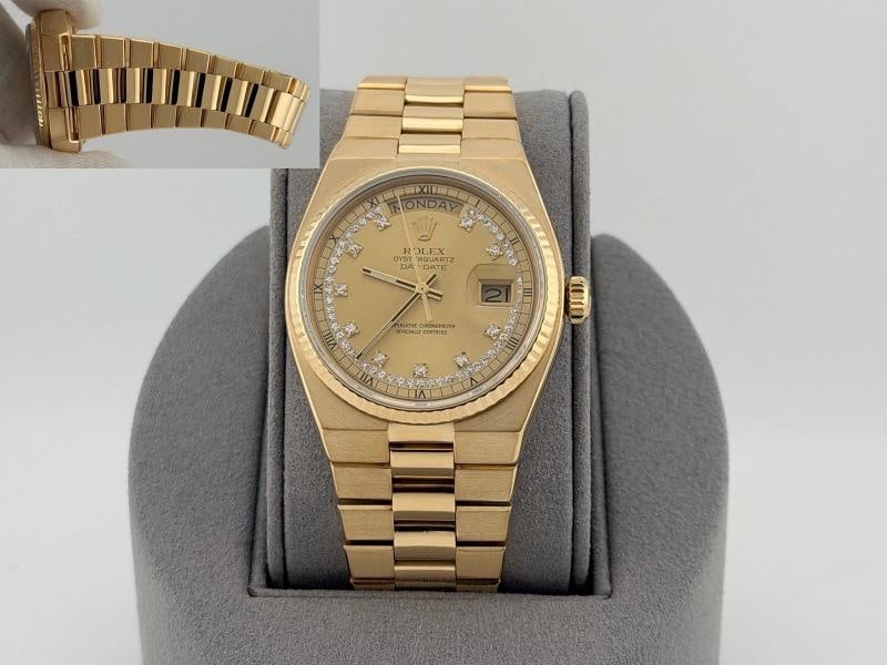 Rolex Day Date Oysterquartz 19018 Factory String Diamond Dial 18K Yellow Gold: Style Number: 19018 Serial: 807**** Year: 1984 Model: Rolex Day-Date Oysterquartz Case Material: 18K Yellow Gold Band: 18K Yellow Gold (Factory Bracelet) Bezel: 18K Yellow Gold Fluted Dial: Factory Ch