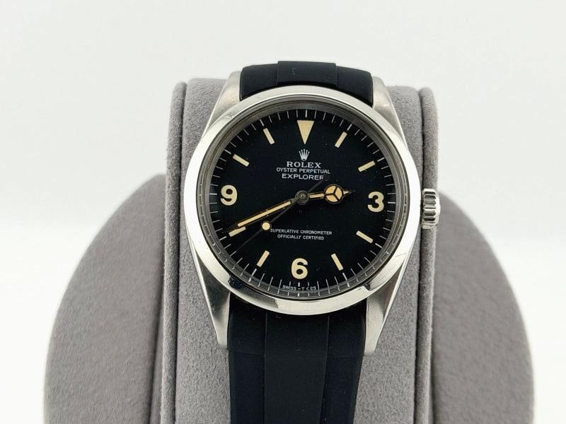 Vintage Rolex Explorer 1016 36mm Black Patina Dial Stainless Steel: Style Number: 1016 Serial: 105**** Year: 1964 Model: Rolex Explorer Case Material: Stainless Steel Band: Custom Rubber Strap Bezel: Stainless Steel Dial: Original Black Dial with Stunning Patina Cryst