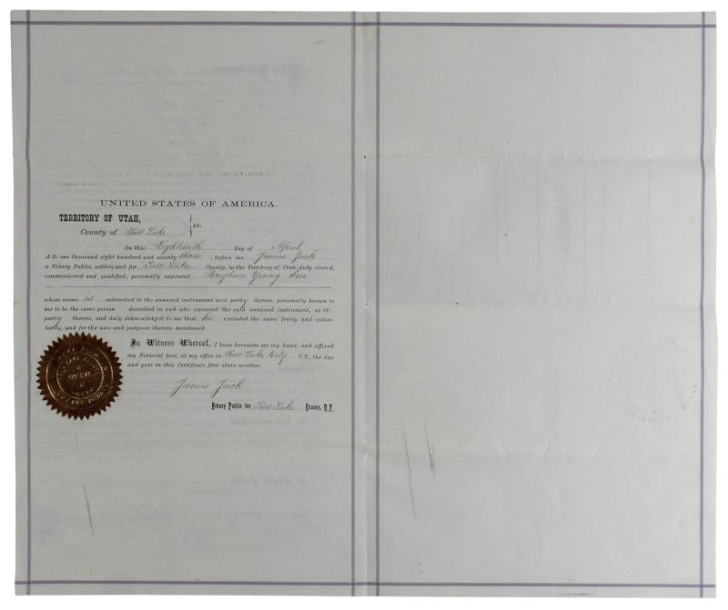 Brigham Young Authentic Signed 7.5x14.5 1873 Land Deed Document BAS - 11