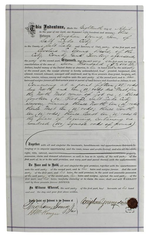 Brigham Young Authentic Signed 7.5x14.5 1873 Land Deed Document BAS: Condition: New: A brand-new, unused, unopened, undamaged item (including handmade items). ,Autograph Authentication: Beckett,Original/Reproduction: Original,PRODUCT_COA: Beckett,PRODUCT_SIGNED_BY_NAME