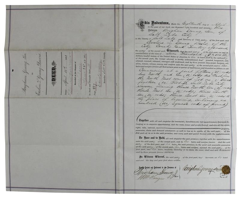 Brigham Young Authentic Signed 7.5x14.5 1873 Land Deed Document BAS - 3