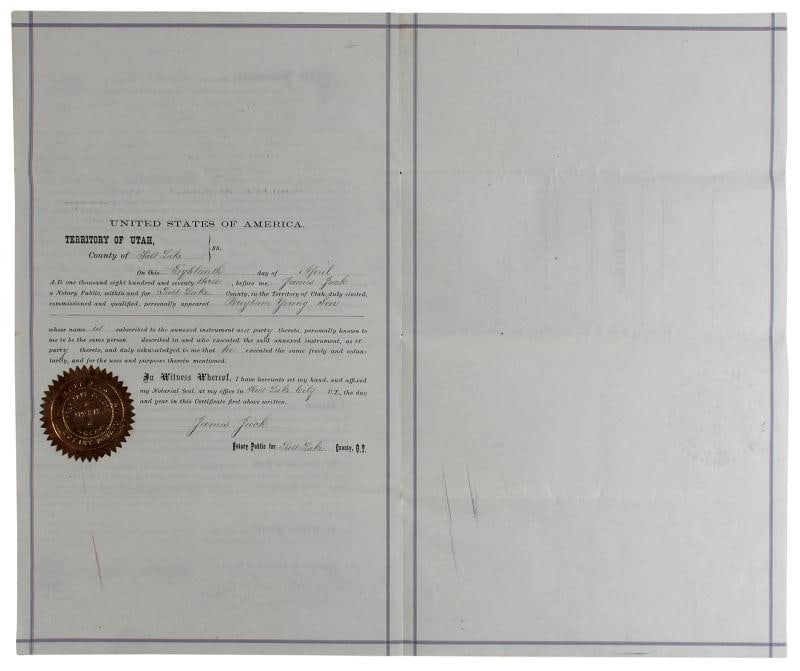 Brigham Young Authentic Signed 7.5x14.5 1873 Land Deed Document BAS - 4