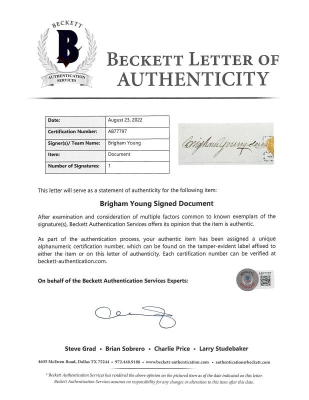 Brigham Young Authentic Signed 7.5x14.5 1873 Land Deed Document BAS - 6