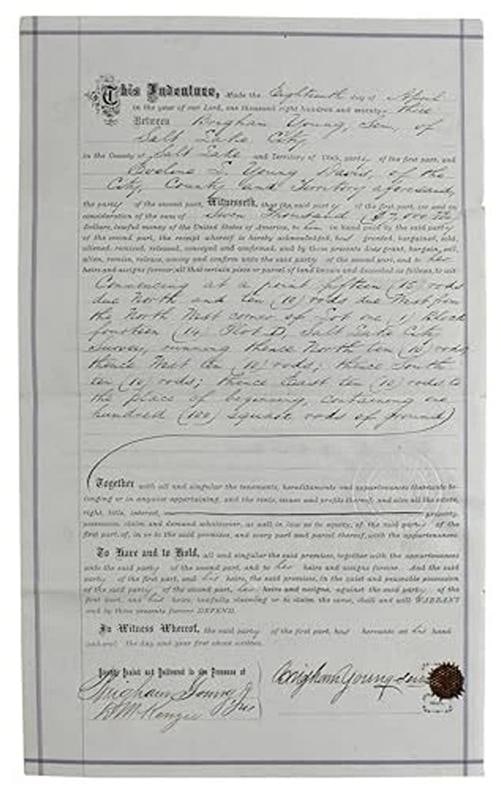 Brigham Young Authentic Signed 7.5x14.5 1873 Land Deed Document BAS - 7