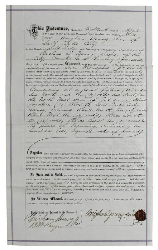 Brigham Young Authentic Signed 7.5x14.5 1873 Land Deed Document BAS - 8