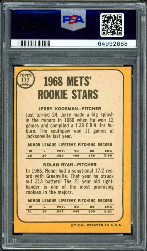 Nolan Ryan Signed 1968 Topps RC 177 New York Mets PSA 5 Sig 10 PSA/DNA - 2