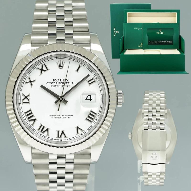 2025 NEW PAPERS Rolex DateJust 126334 White Roman Jubilee White Gold 41mm Watch: Case & Dial Case Material: Rolex Stainless Steel Case Size: 41mm Bezel: Rolex White Gold Fluted Crystal: Rolex Sapphire Dial: Rolex White Roman Movement & Bracelet Movement: Rolex Automatic Bracelet