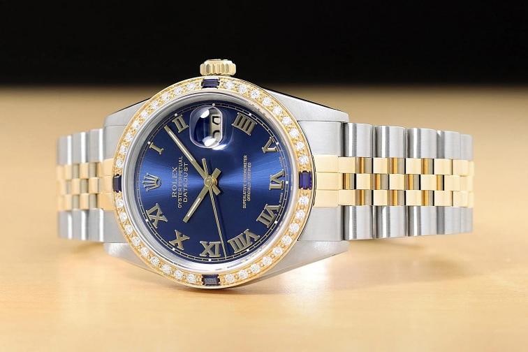 ROLEX MENS DATEJUST 16013 BLUE ROMAN DIAL SAPPHIRE DIAMOND 18K GOLD STEEL WATCH - 2