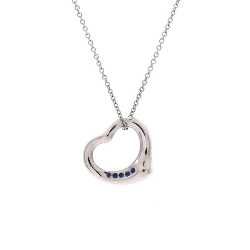 Tiffany & Co. Elsa Peretti Open Heart 5 Sapphires Pendant Necklace Platinum: Condition: Pre-owned - Good,Brand: Tiffany & Co.,Main Stone: Sapphire, Blue,Metal: Platinum (Pt950),Metal Purity: Unknown,Style: Pendant,Type: Necklace,Color: Silver,Material: Unknown Condition: Great