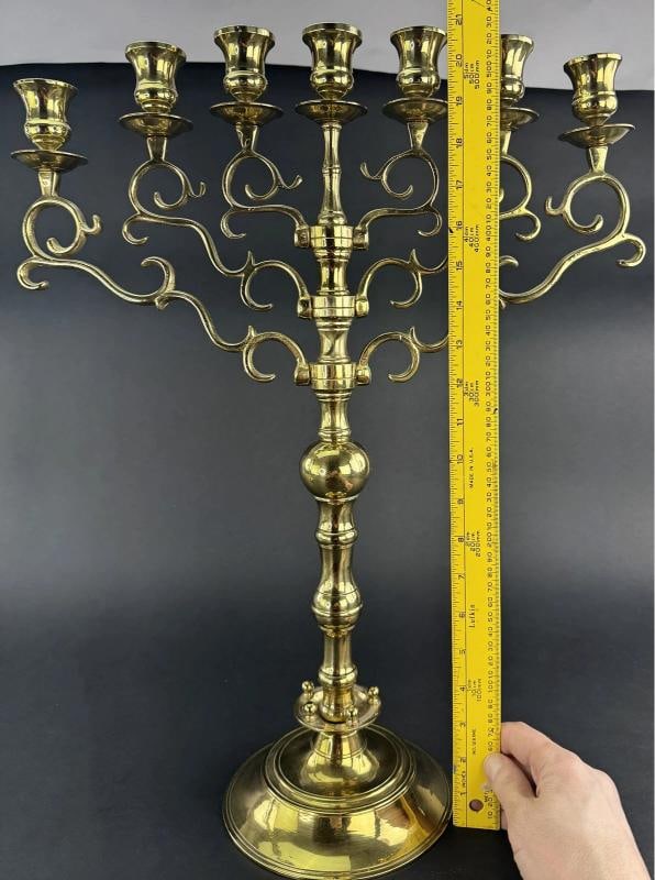 Huge Pair Brass 1800s Sabbath Candelabras 7 Lite - 5