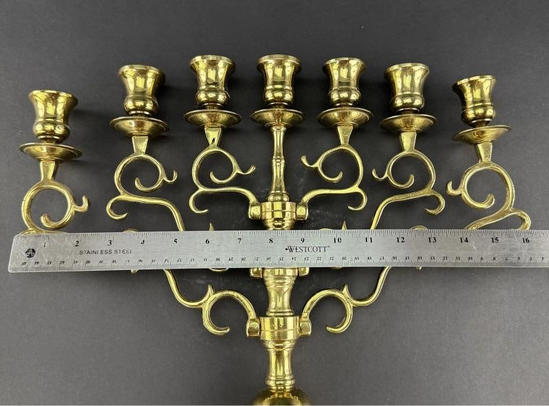 Huge Pair Brass 1800s Sabbath Candelabras 7 Lite - 6